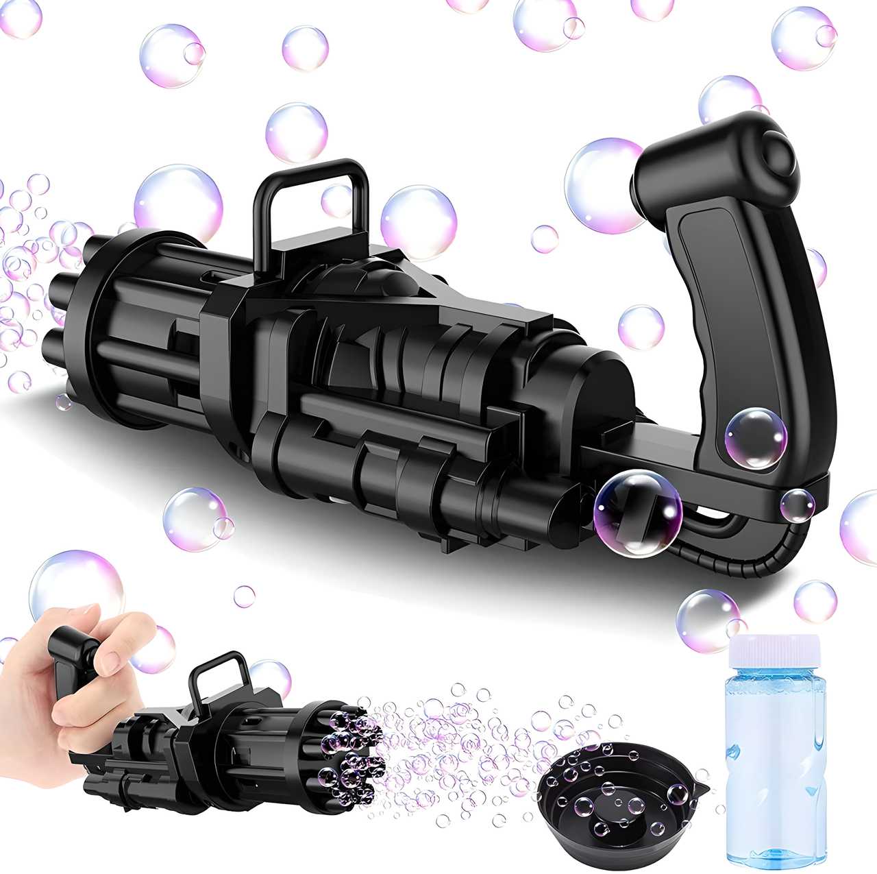 Bubble Gun- 8 Hole Automatic Gatling Bubble Gun Blower Maker, with 3 Batteries and Bubble Water(Assorted Color) h5swdg-k7