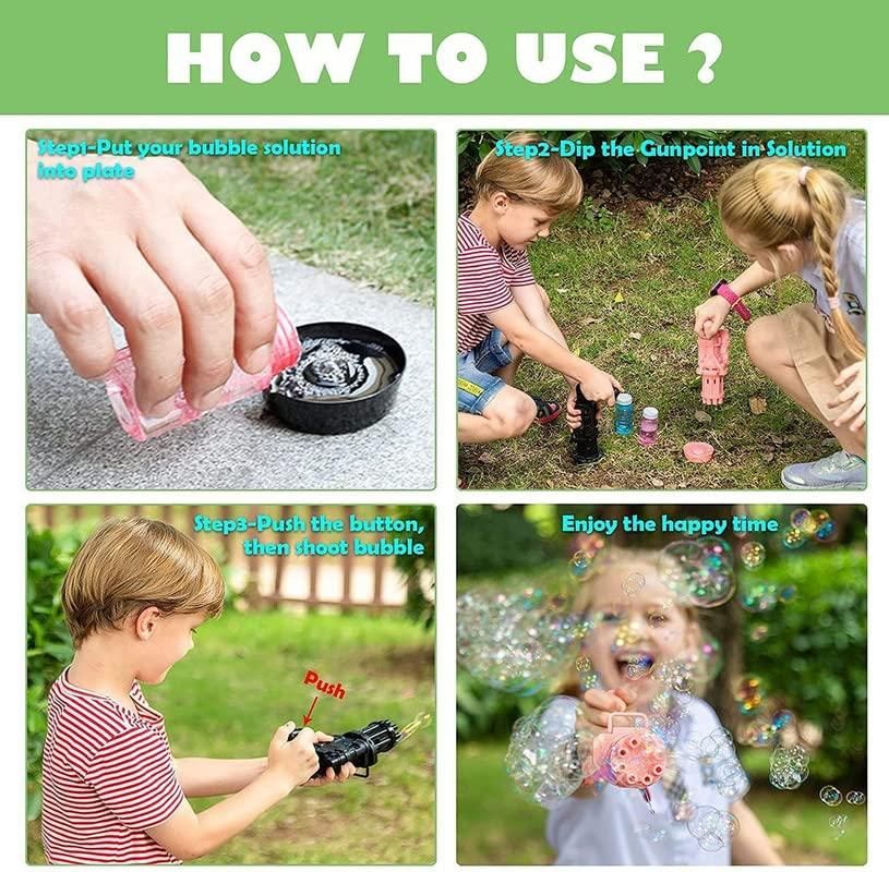 Bubble Gun- 8 Hole Automatic Gatling Bubble Gun Blower Maker, with 3 Batteries and Bubble Water(Assorted Color) h5swdg-k7